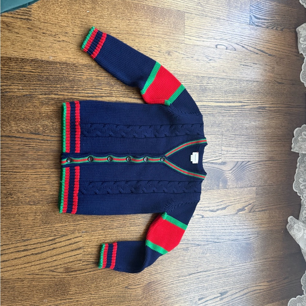 Gucci Kids Navy Cardigan with Red and Green Accents